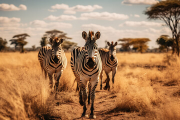 a group of zebras walking across the savanna