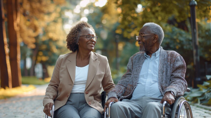 Sticker - A smiling couple enjoys a moment together in a park, with one seated in a wheelchair.