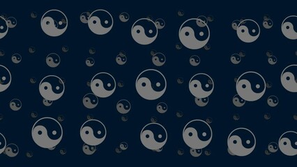 Poster - Yin yang symbols float horizontally from left to right. Parallax fly effect. Floating symbols are located randomly. Seamless looped 4k animation on dark blue background