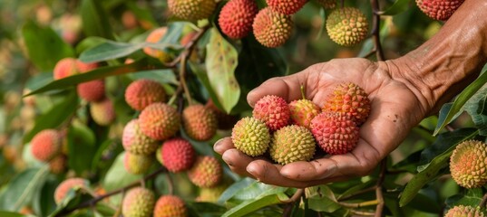 Fresh lychee selection  hand holding ripe lychee with blurred background, copy space available