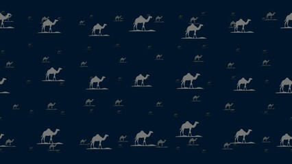 Poster - Wild camel symbols float horizontally from left to right. Parallax fly effect. Floating symbols are located randomly. Seamless looped 4k animation on dark blue background