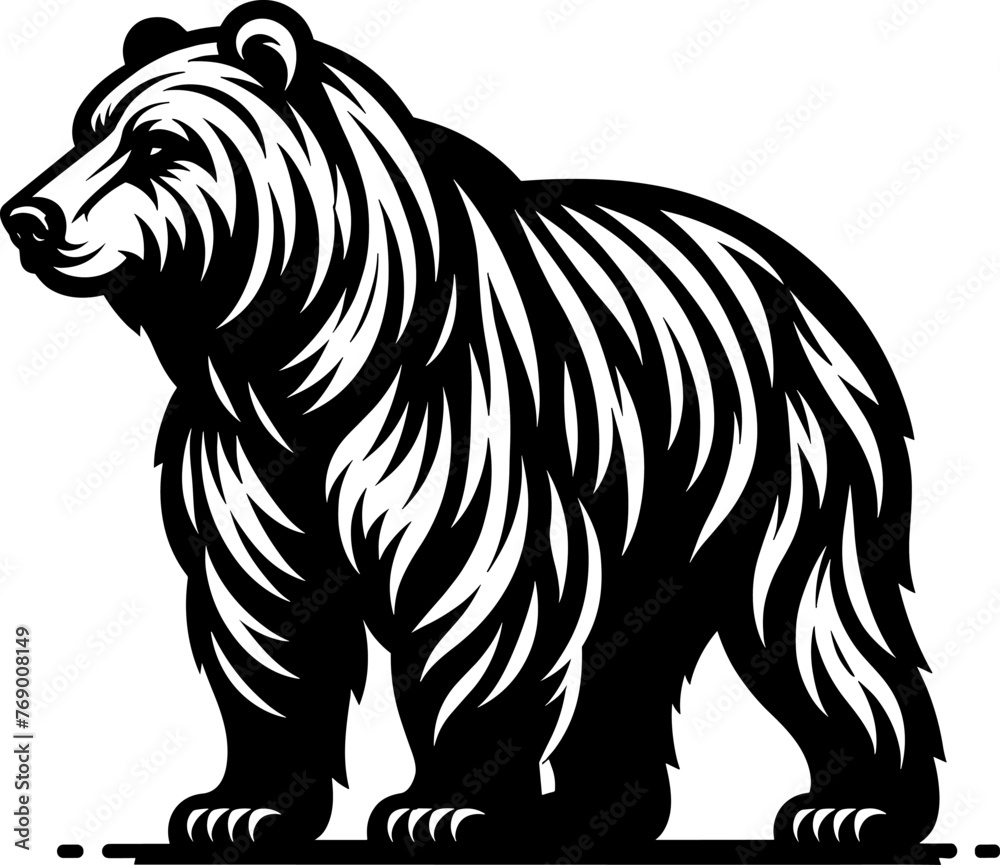 A detailed vector illustration in black and white of a bear standing ...