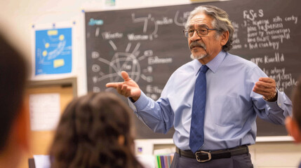 Poster - A seasoned educator discusses complex topics with students in front of a chalkboard filled with formulas.