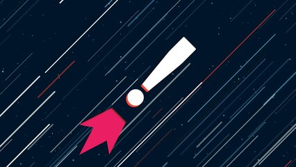 Poster - Exclamation symbol flies through the universe on a jet propulsion. The symbol in the center is shaking due to high speed. Seamless looped 4k animation on dark blue background with stars