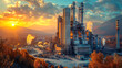 Industrial panorama of a modern Cement factory, heavy industrial complex, dramatic panorama with environmental and eco concept. 
