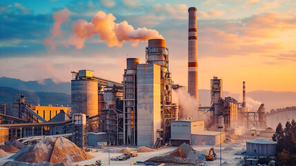 Industrial panorama of a modern Cement factory, heavy industrial complex, dramatic panorama with environmental and eco concept. 