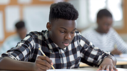 Poster - A young male student with glasses engrossed in writing during a classroom exam.