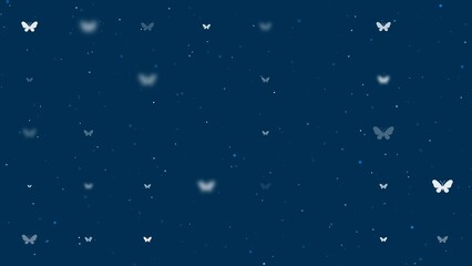 Poster - Template animation of evenly spaced butterfly symbols of different sizes and opacity. Animation of transparency and size. Seamless looped 4k animation on dark blue background with stars