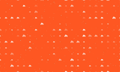 Poster - Seamless background pattern of evenly spaced white tractor icons of different sizes and opacity. Vector illustration on deep orange background with stars
