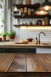 An empty beautiful wooden countertop and a blurred background of the interior of a modern kitchen. Product layout, product demonstration. Mockup. Welcoming modern kitchen.