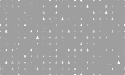 Poster - Seamless background pattern of evenly spaced white fir-tree symbols of different sizes and opacity. Vector illustration on grey background with stars
