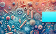 Illustration Bakterien und Viren mit einem blauen Feld zur eigenen Beschriftung, copy space