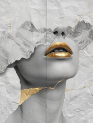 Sticker - Close-up of a womans face with a shiny gold lip and matching gold lipstick, creating a striking and glamorous look