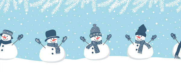 Wall Mural - Cute snowmen have fun in winter holidays. Seamless border. Christmas background. Different snowmen in blue winter clothes under spruce branches. Template for a greeting card. Vector illustration