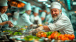 In a vibrant, professional kitchen, a joyful male head chef with a white hat and apron is garnishing a dish, surrounded by focused staff working on exquisite culinary creations.
