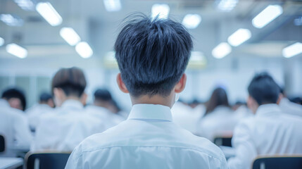 Poster - A teacher's back view with rows of students in uniforms facing a blackboard.