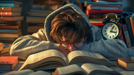 Canvas Print - A person in a grey hoodie rests their head on a desk, amidst a chaos of open books.