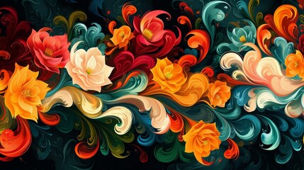 Poster - Abstract, vibrant floral vine pattern for bold and creative digital wallpaper, in energetic, trendy colors