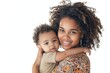 © m - Afro-american smiling mother wear hijab hugging her sweet baby over white background. Child care, babyhood, motherhood. Products for children