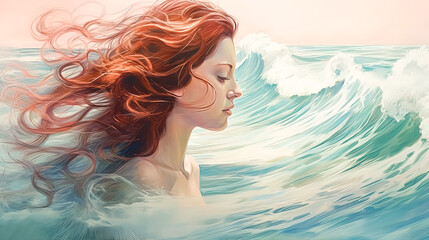 Wall Mural - A woman with long red hair is in the ocean