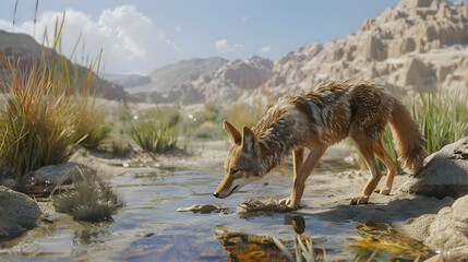 Coyote scavenging for food in a desert oasis