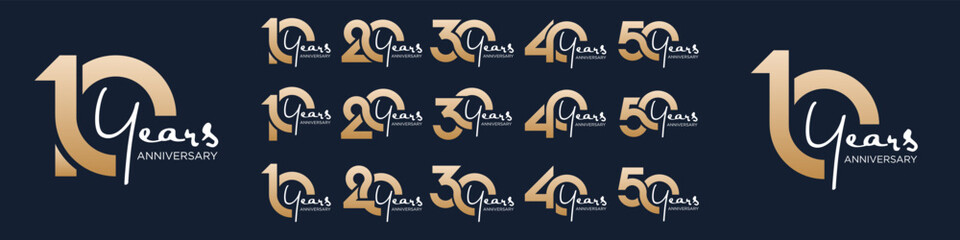 collection of 10 to 50th anniversary logotype design, with golden color for celebration event, wedding, greeting card, and invitation, vector illustration