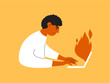 Deadline work vector illustration. Man sitting working on laptop doing urgent burning task. Fire flame shoot out of screen. Burnout office employee, job time stress. Male person hurrying end project