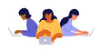 Group of women work, coding or play game together on laptop. Development team, launch startup, woman programmer, tester. Online support manager, computer network, project teamwork. Vector illustration