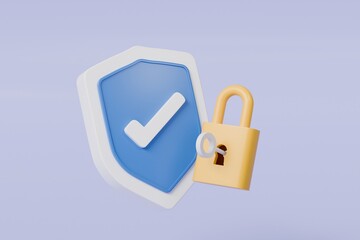 Poster - 3d Lock and shield with checkmark and password icon. Security protection concept. Data protection, private access. Minimal cartoon padlock with shield isolated on purple background. 3d rendering.