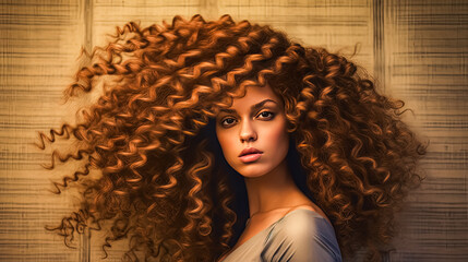 Wall Mural - A woman with long curly hair is standing in front of a wall
