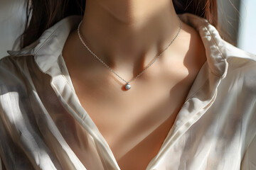 Poster - minimalist silver chain necklace that is easy to match and looks cool around a neck of woman