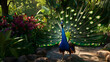 Elegant peacock displaying vibrant plumage in lush garden setting