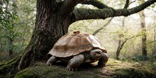   Large Tortoise On Mossy Rock Near Tall Tree In Forest