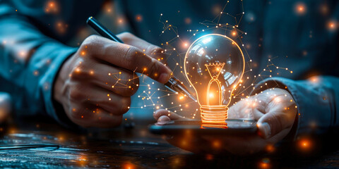 Poster - Innovative Professional Generating Ideas with Lightbulb Icon on Digital Interface Using Smartphone and Stylus