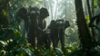Family of elephants foraging in the dense jungle