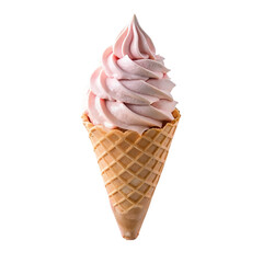 Pink soft ice cream in a waffle cone isolated on a transparent background.