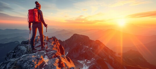 Wall Mural - Woman hiker in mountain landscape, exploring nature with motivation and copy space