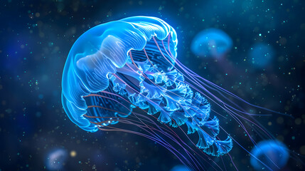 Wall Mural - Glowing jellyfish drifting gracefully in deep ocean currents