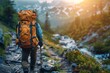 © LifeMedia - An intrepid solo hiker with a heavy backpack strides confidently through the mountainous terrain, embodying adventure and determination