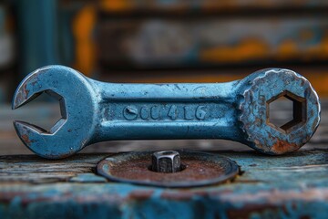 A close-up of a worn blue wrench with rust, set against a blurred workshop background