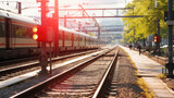 Fototapeta  - Red Light On The Tracks Near The Railway Station With Passenger Trains Arriving 
