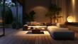 Cozy living room in the evening, wooden floor, minimalist cozy style, warm lights