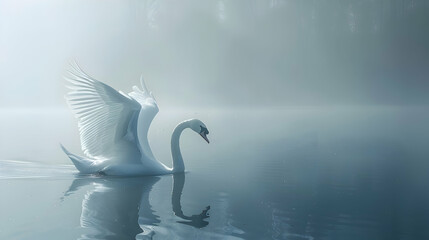 Wall Mural - Graceful swan gliding serenely across tranquil lake surface