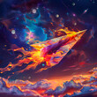 Vibrant spaceship flying through cosmic anomaly