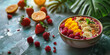 A vibrant acai bowl bursting with fresh fruit toppings awaits a healthful indulgence.
