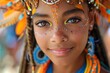 Smiling young girl adorned with colorful beads and face paint, embodying cultural celebration