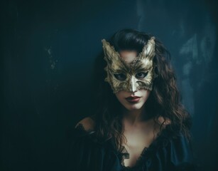 Wall Mural - A woman with a mask on her face and dark hair. Generative AI.