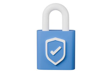 Poster - 3d Lock and shield with checkmark and password icon. Security protection concept. Data protection, private access. Minimal cartoon blue padlock with shield isolated on purple background. 3d rendering.