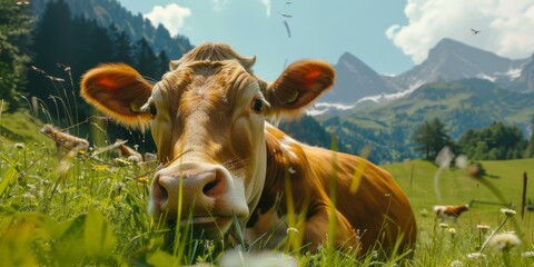 Wall Mural - A cow laying down in a field of grass with mountains behind it. Generative AI.