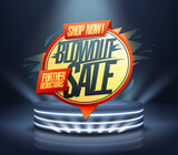 Fototapeta Panele - Blowout sale further reductions web banner with podium and rays of lights
